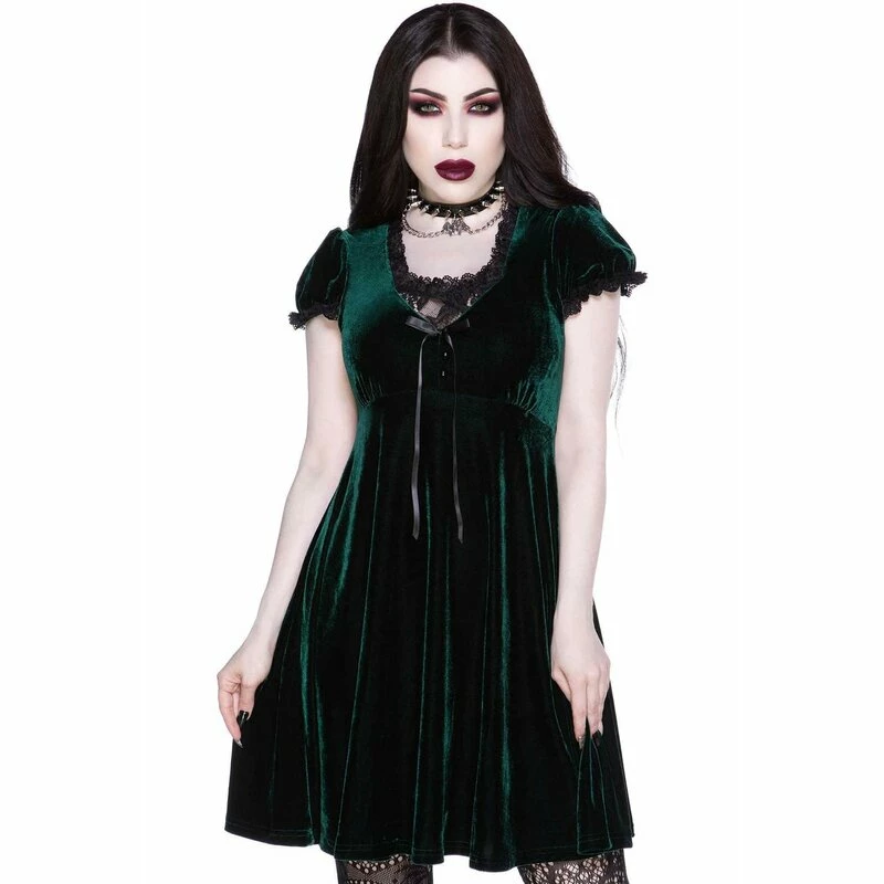 Killstar Velvet Babydoll Dress - Heather Emerald 1 Killstar Velvet Babydoll Dress - Heather Emerald